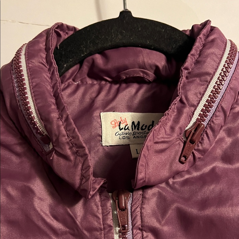 La Mode Women’s Purple Nylon Bomber Jacket Size L Hooded Full Zip EUC Vintage - Picture 8 of 9